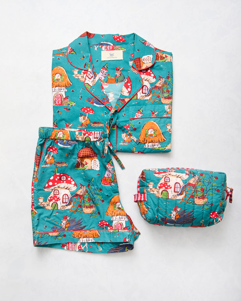 Autumn Critters - Short PJ Set & Large Pouch Bundle - Teal - Printfresh