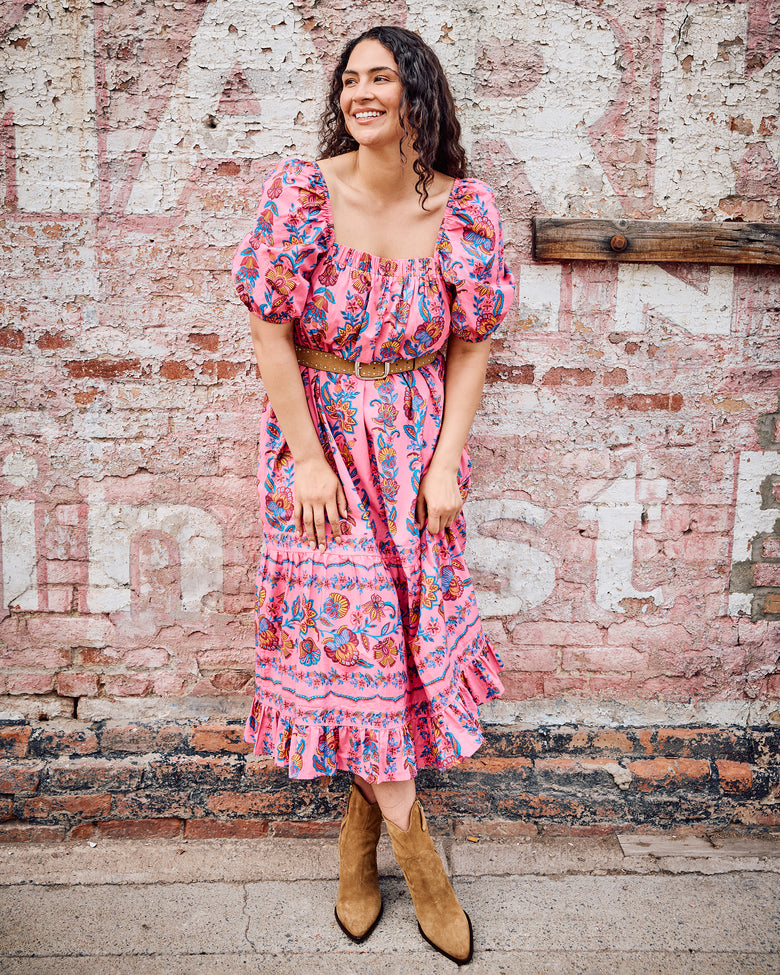 Organic Cotton Puff Sleeve Maxi Dress in Folklore Flowers | Women's M | Pink Organic Cotton Puff Sleeve Maxi Dress in Folklore Flowers | Women's M | Pink
