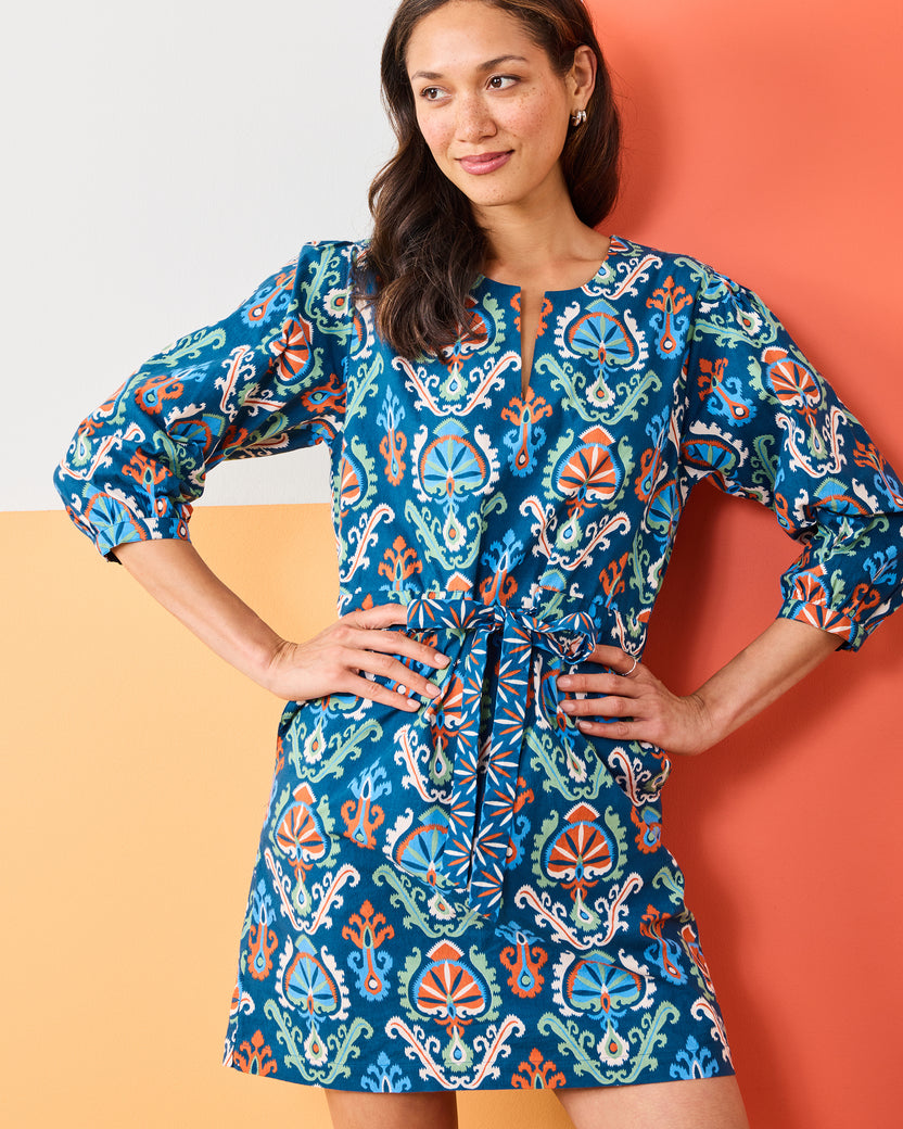 Organic Cotton 3/4 Sleeve Mini Dress in Eclectic Ikat | Women's XL | Navy | Organic Cotton 3/4 Sleeve Mini Dress in Eclectic Ikat | Women's XL | Navy |