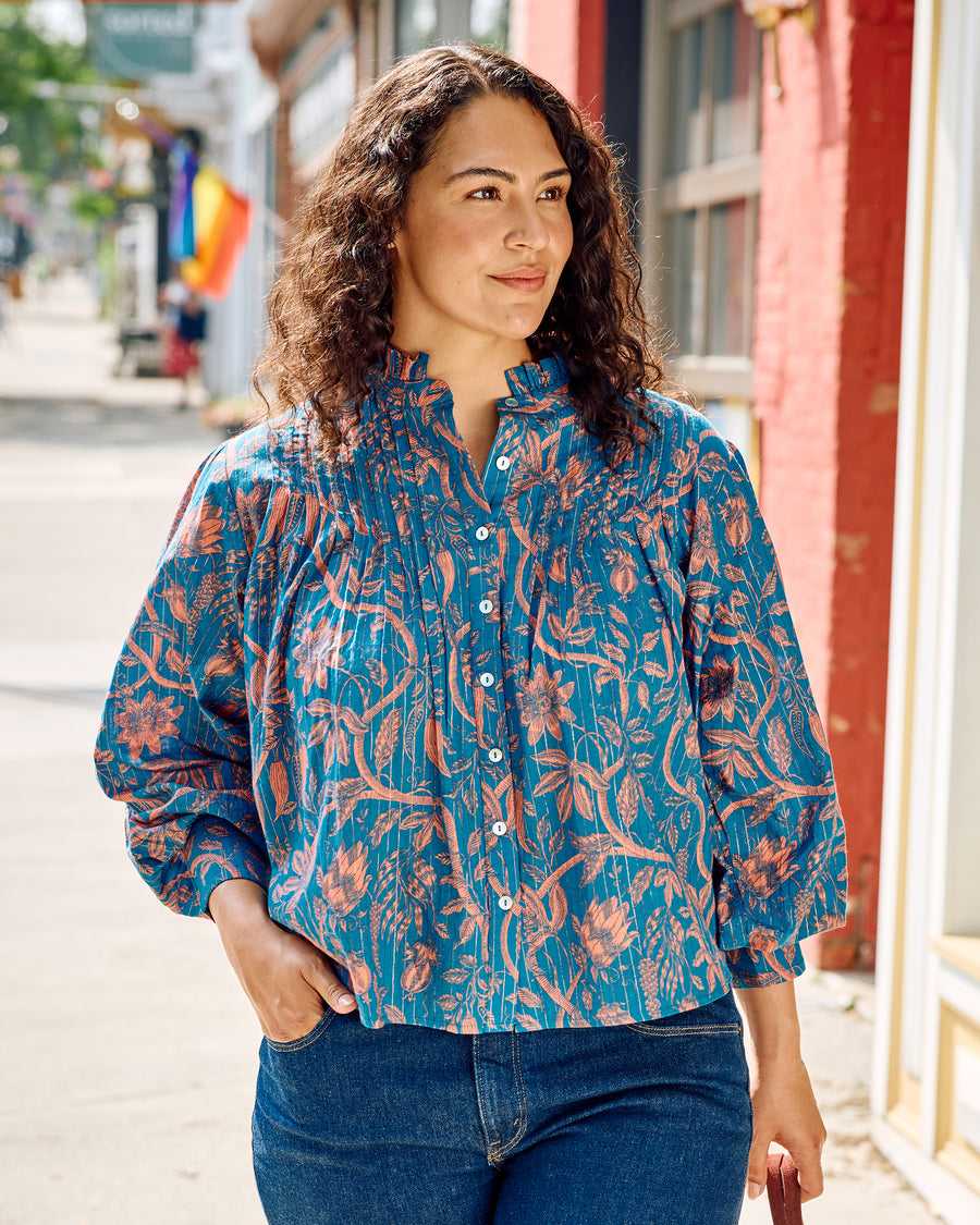 Etched Vine - On A Whim Blouse - Turquoise Blush - Printfresh