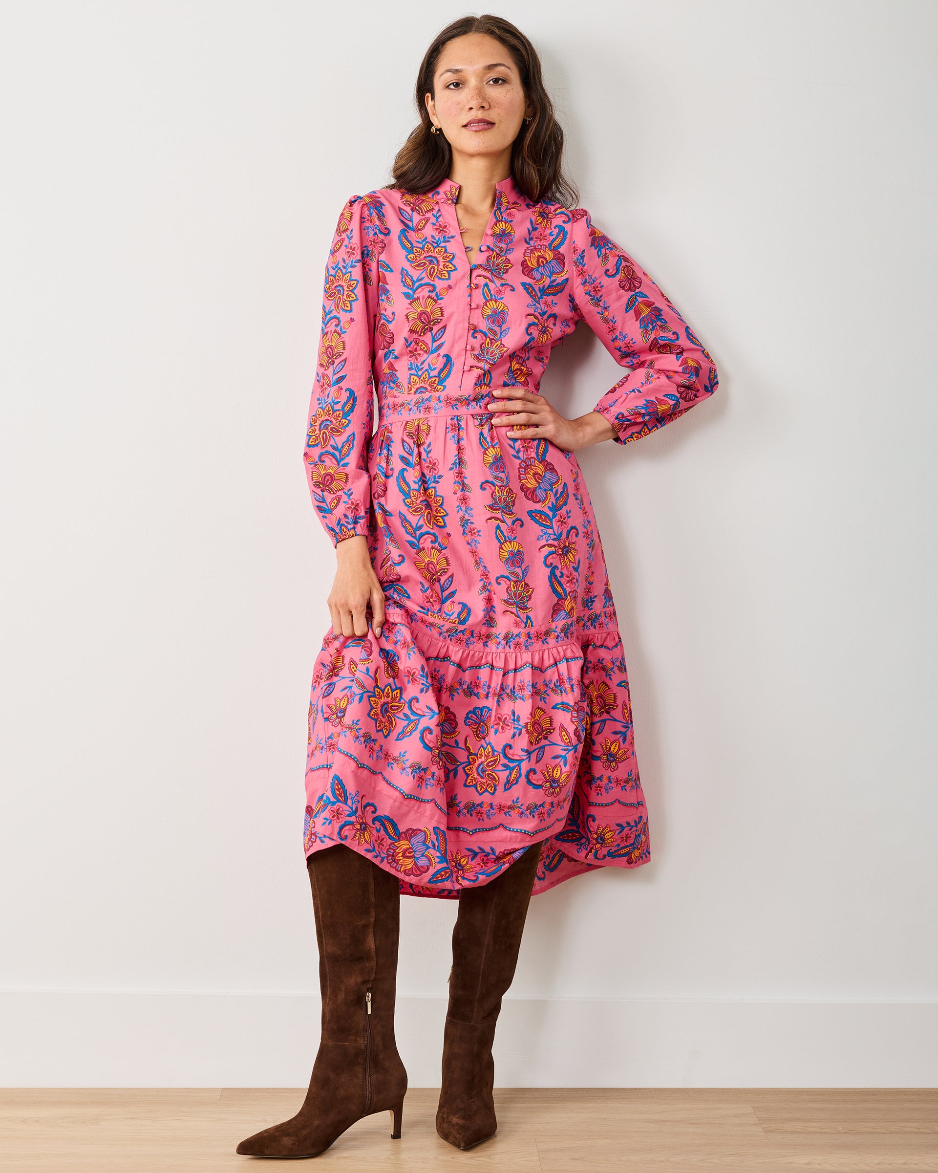Organic Cotton Long-Sleeve Midi Dress in Folklore Flowers | Women's S | Pink Organic Cotton Long-Sleeve Midi Dress in Folklore Flowers | Women's S | Pink