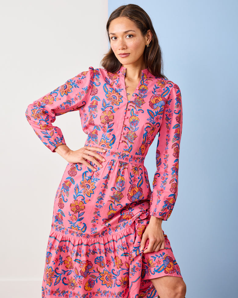 Organic Cotton Long-Sleeve Midi Dress in Folklore Flowers | Women's S | Pink Organic Cotton Long-Sleeve Midi Dress in Folklore Flowers | Women's S | Pink
