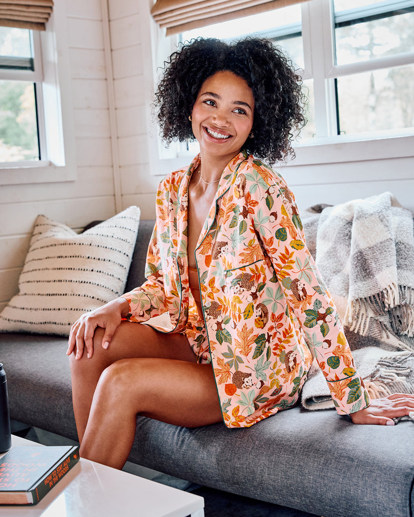 Hedgehog Forest - Long Sleeve Top & Shorts Set - Peach Leaf - Printfresh