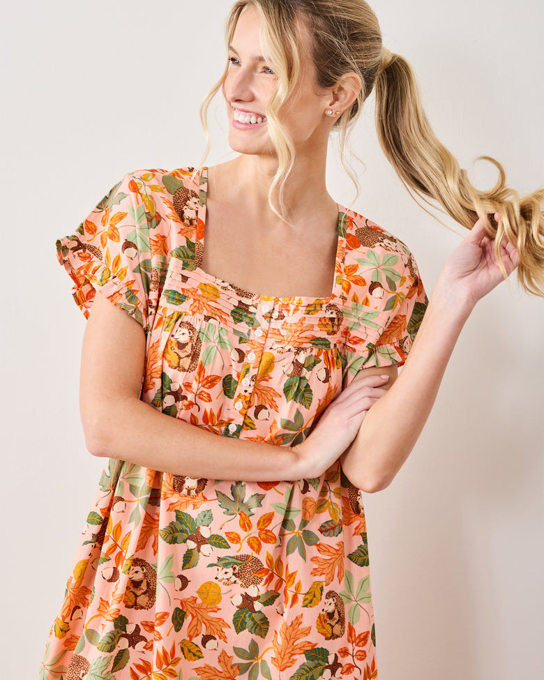 Hedgehog Forest - Daylight Nightgown - Peach Leaf - Printfresh