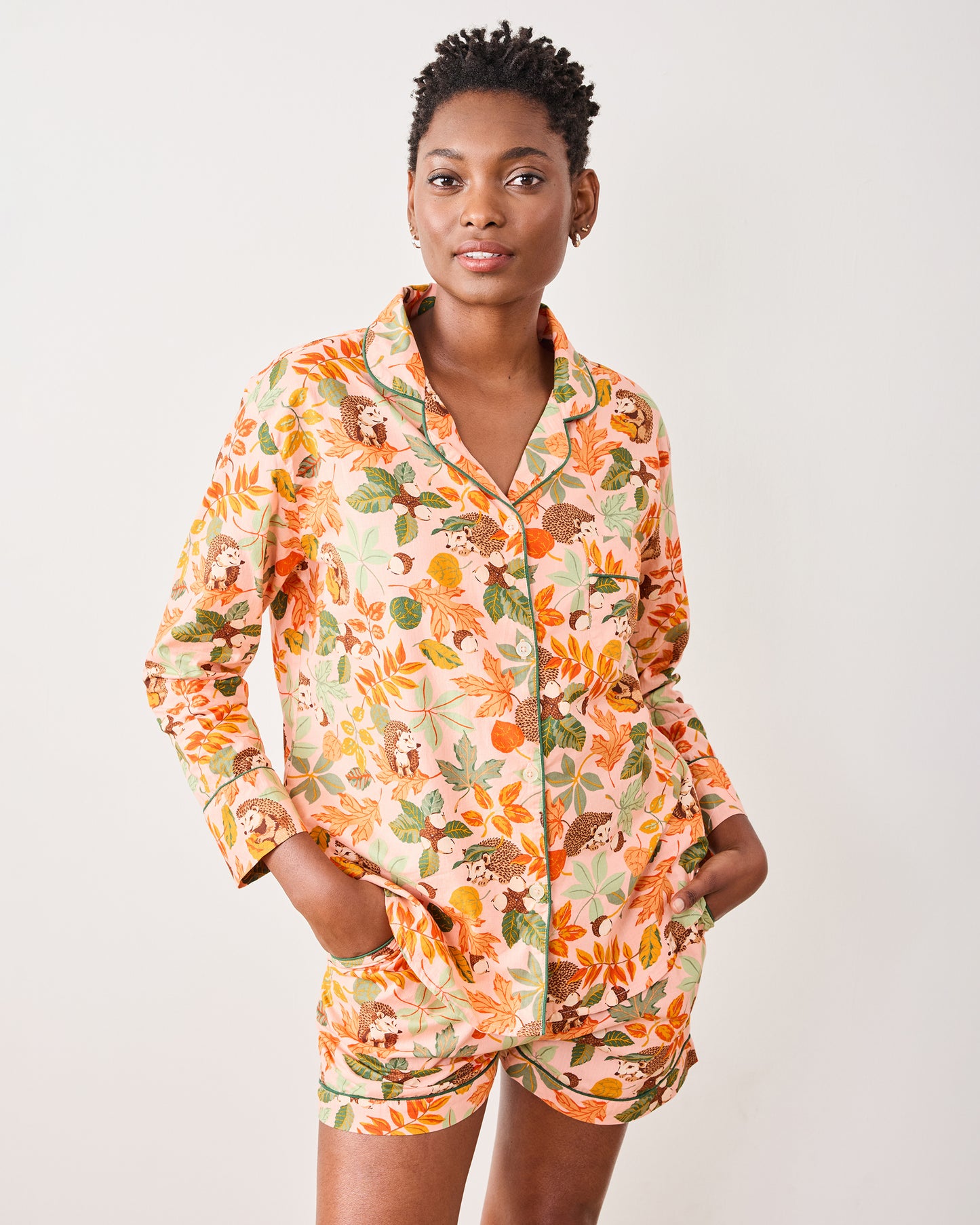 Hedgehog Forest - Long Sleeve Top & Shorts Set - Peach Leaf - Printfresh