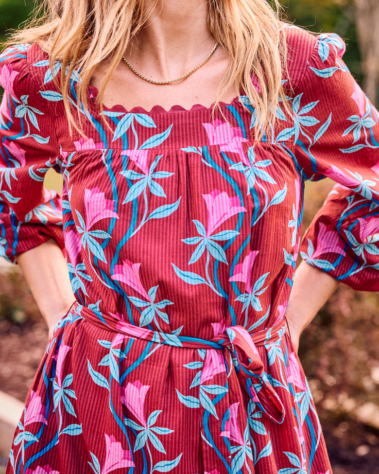 dress barn red dress Organic Cotton Scallop Trim Long Sleeve Midi Dress in Moonflower Vine | Women's S