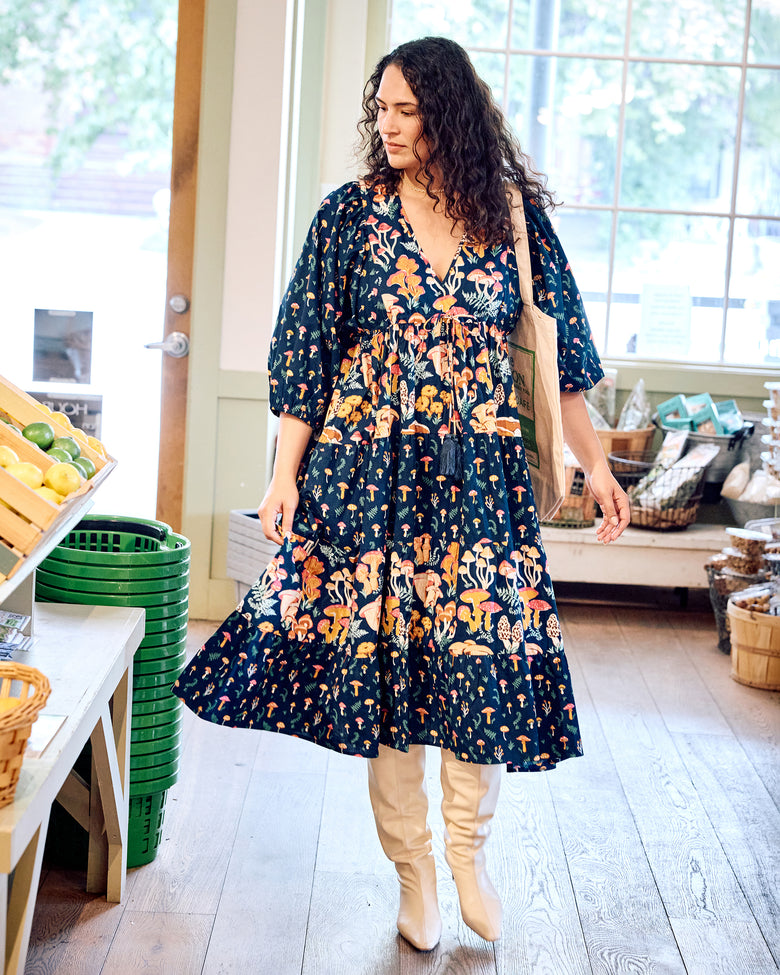 Mushroom Medley - Clementine Dress - Navy - Printfresh