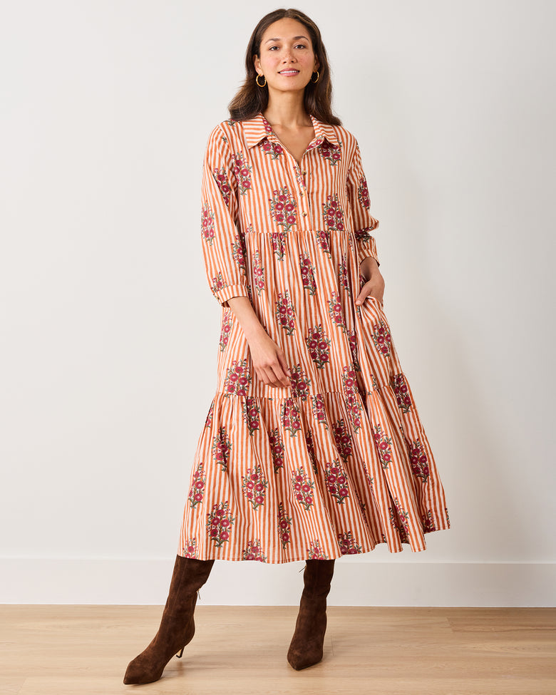 Organic Cotton 3/4 Sleeve Midi Shirt Dress in Wildflower Stripes | Women's L | Red Organic Cotton 3/4 Sleeve Midi Shirt Dress in Wildflower Stripes | Women's L | Red