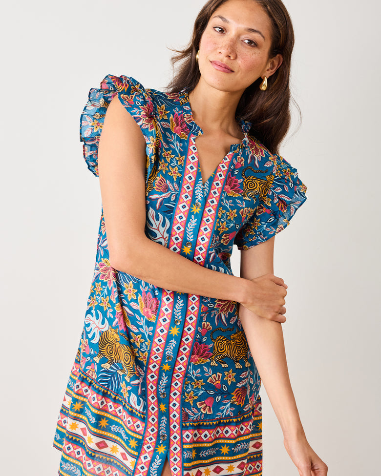 Organic Cotton Flutter Sleeve Floral Mini Dress in Tibetan Tigress | Women's S | Blue Organic Cotton Flutter Sleeve Floral Mini Dress in Tibetan Tigress | Women's S | Blue