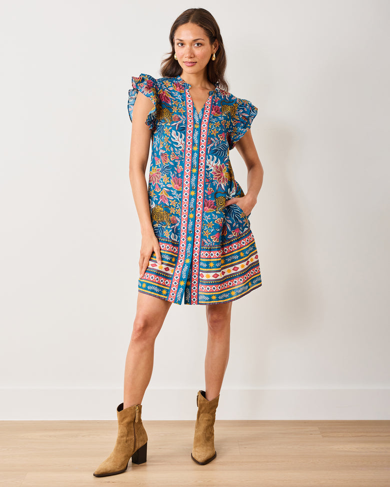 Organic Cotton Flutter Sleeve Floral Mini Dress in Tibetan Tigress | Women's S | Blue Organic Cotton Flutter Sleeve Floral Mini Dress in Tibetan Tigress | Women's S | Blue