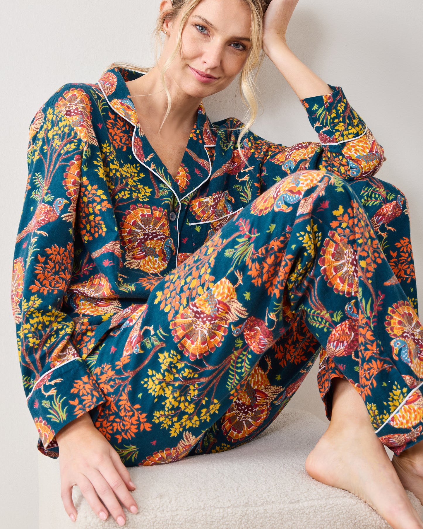 Turkey Trot - Lightweight Flannel Long PJ Set - Midnight Navy - Printfresh