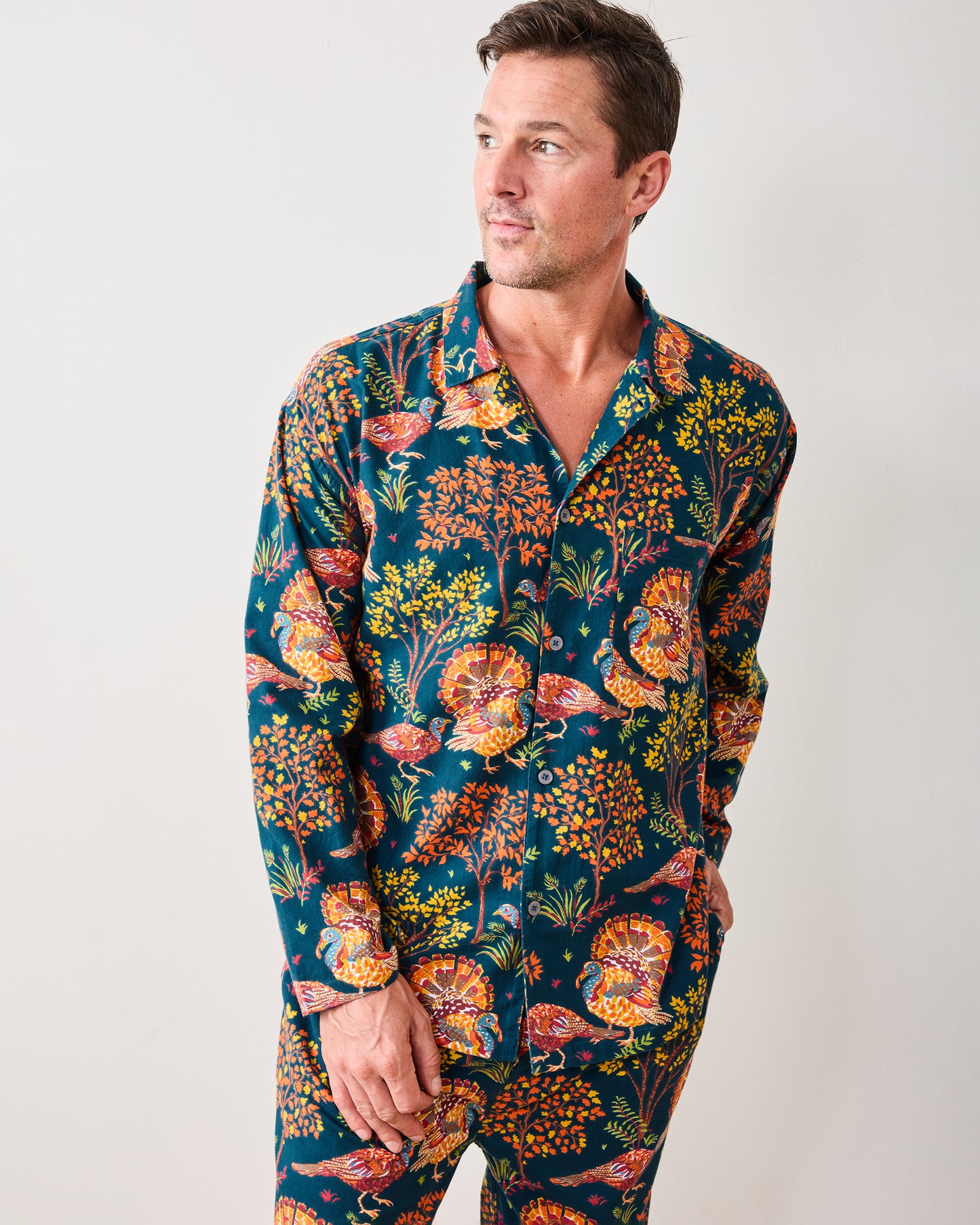 Turkey Trot - Lightweight Flannel Men's Long PJ Set - Midnight Navy - Printfresh