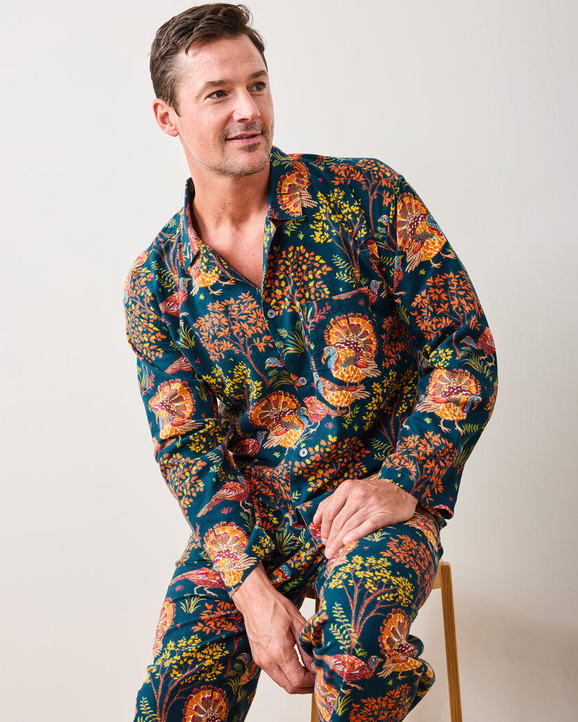 Turkey Trot - Lightweight Flannel Men's Long PJ Set - Midnight Navy - Printfresh