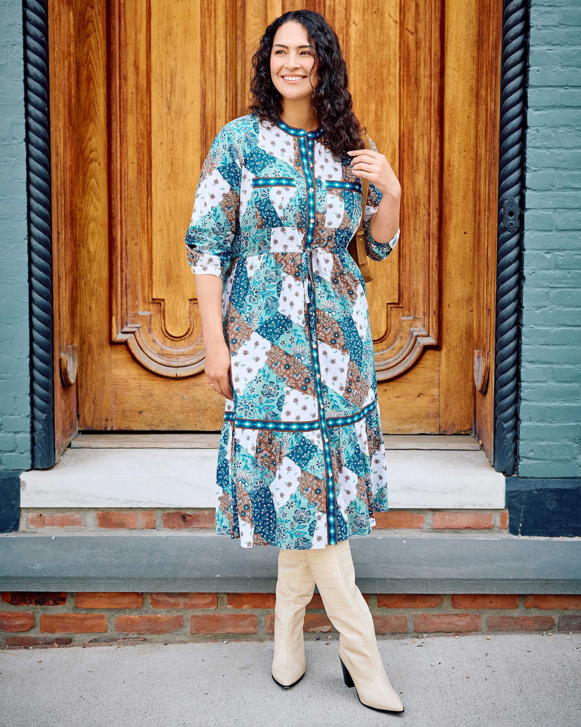 Organic Cotton 3/4 Sleeve Midi Dress in Vintage Patchwork | Women's M
