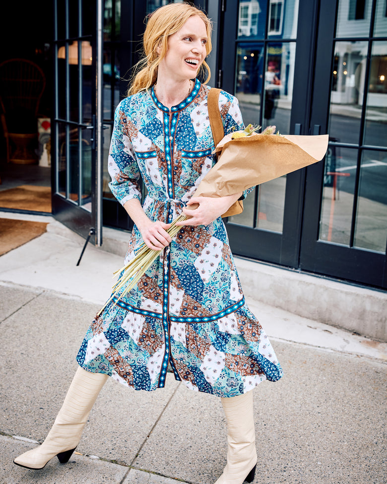 Organic Cotton 3/4 Sleeve Midi Dress in Vintage Patchwork | Women's L | Blue Organic Cotton 3/4 Sleeve Midi Dress in Vintage Patchwork | Women's L | Blue