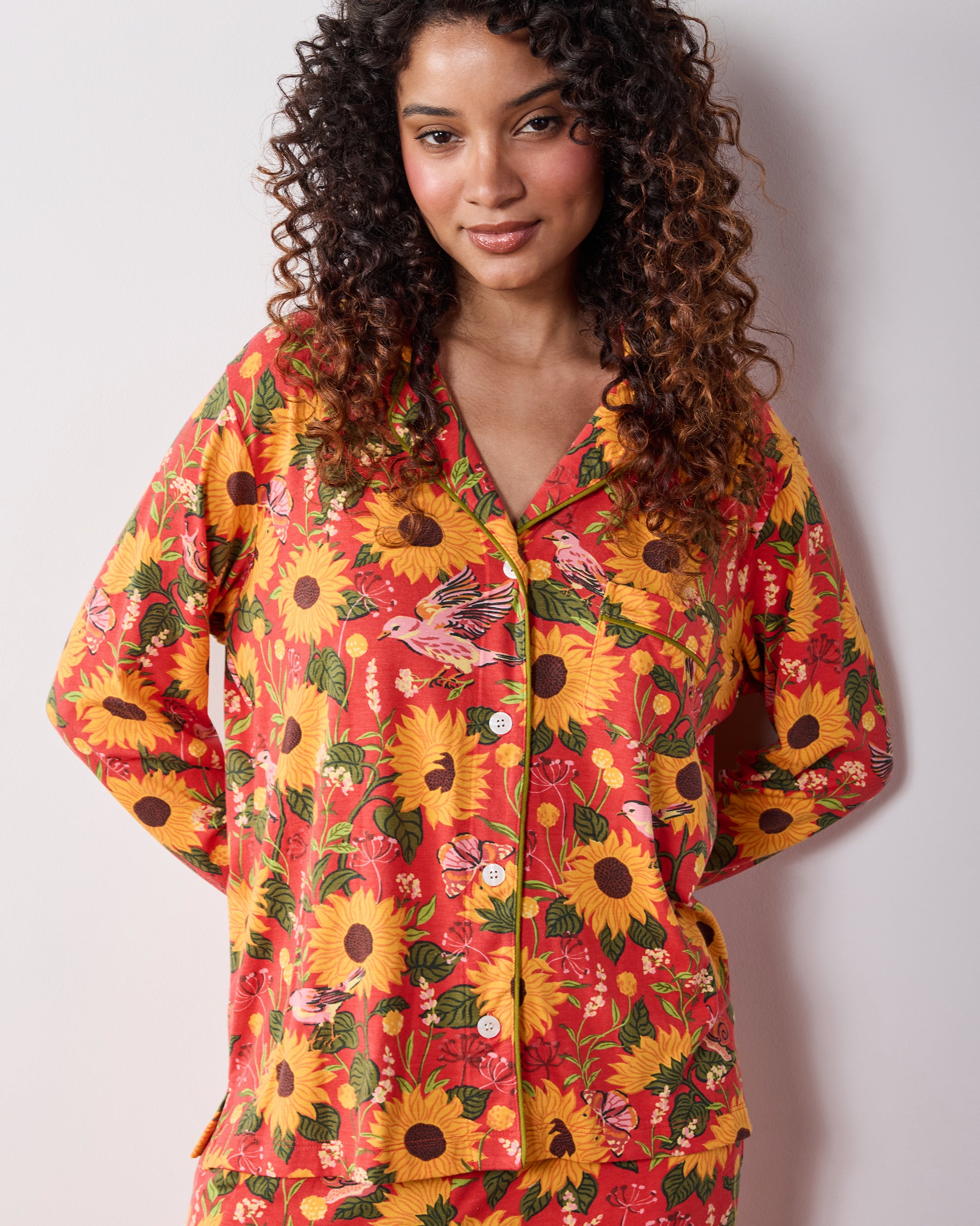 「Autumn Sleepover」セット Autumn Sunflowers - Organic Pima Modal Knit Long PJ Set - Orange