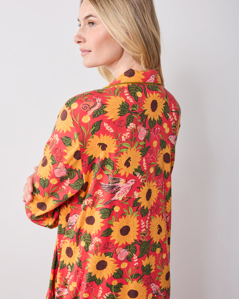 Back view of the orange Autumn Sunflowers button-front sleep shirt with its sunflower and botanical print.
