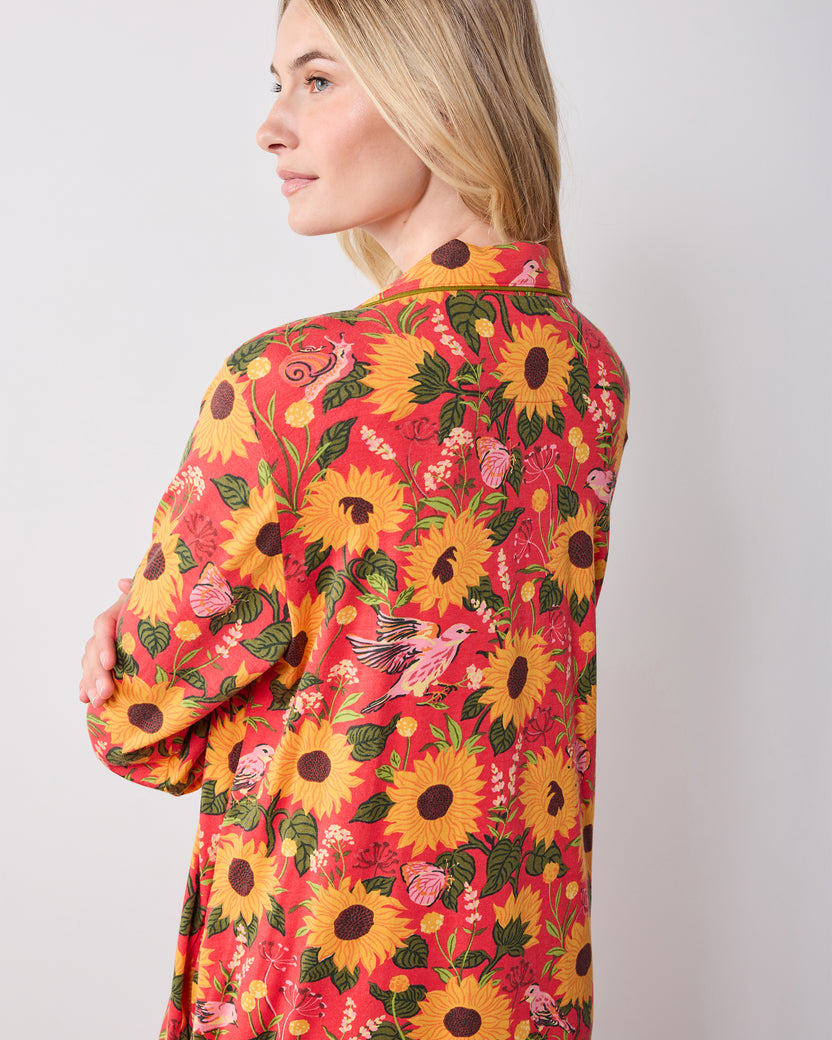 Back view of the orange Autumn Sunflowers button-front sleep shirt with its sunflower and botanical print.