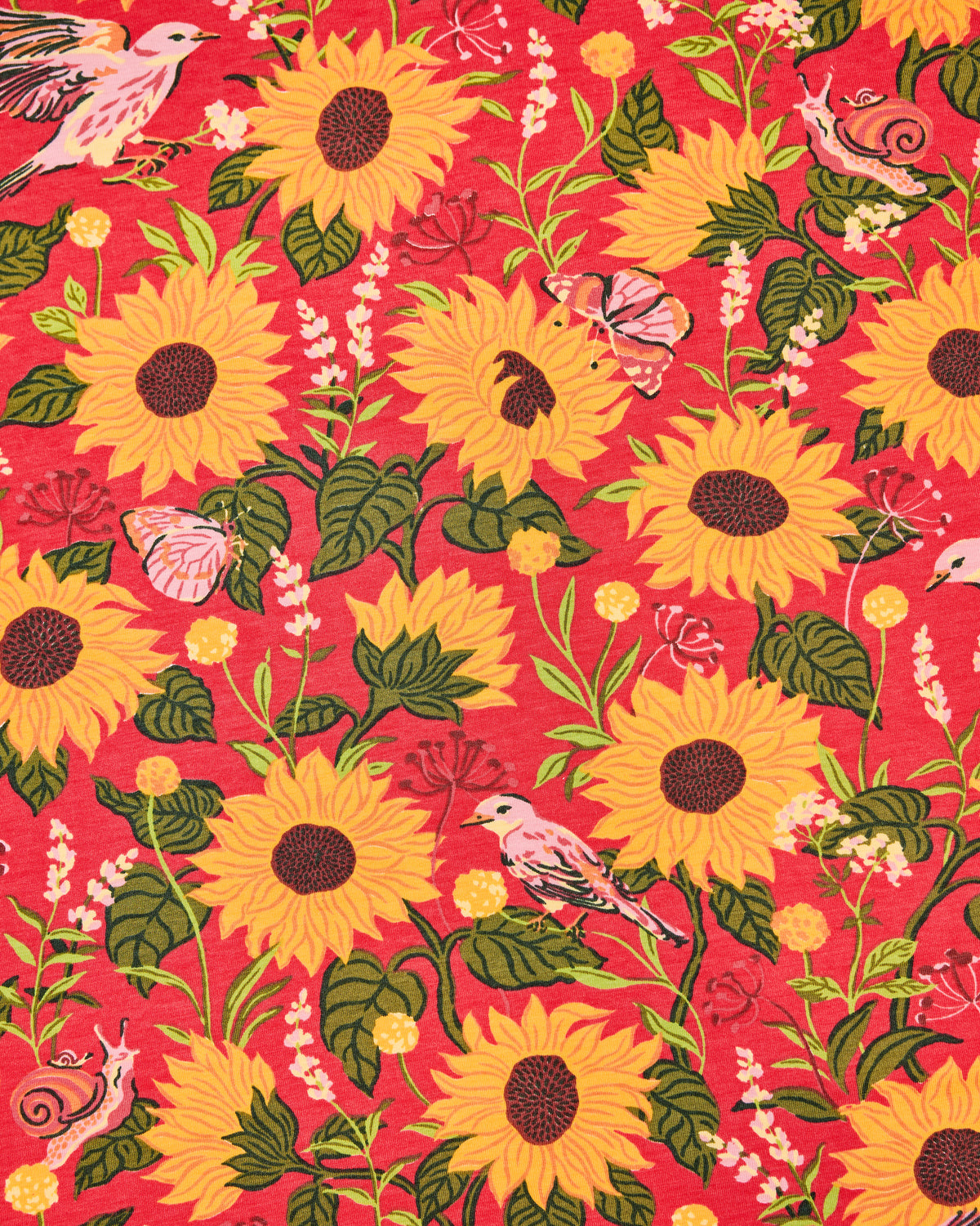 Red print with large yellow sunflowers, green leaves, birds, butterflies, and snails.