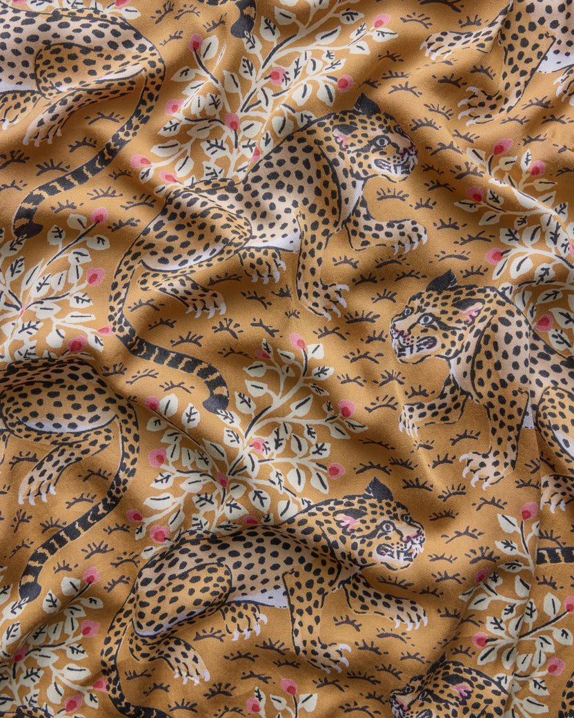 Tobacco leopard-print pattern swatch for the Bagheera Eco Satin Ruffle Short Set.