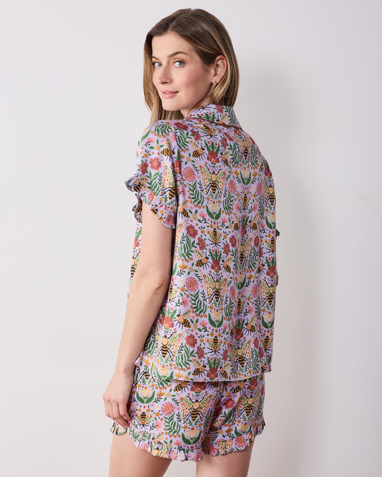 Bee Tapestry - Eco Satin Ruffle Short Set - Lavender