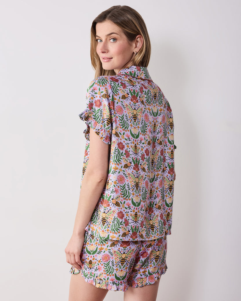 Bee Tapestry - Eco Satin Ruffle Short Set - Lavender