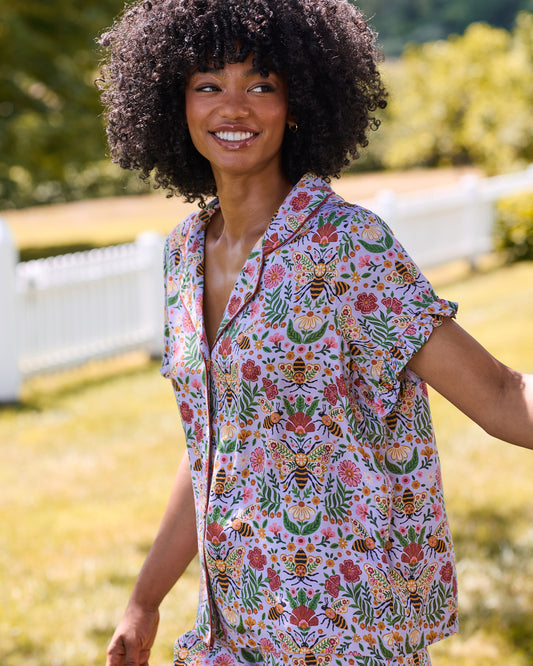 Bee Tapestry - Eco Satin Ruffle Short Set - Lavender