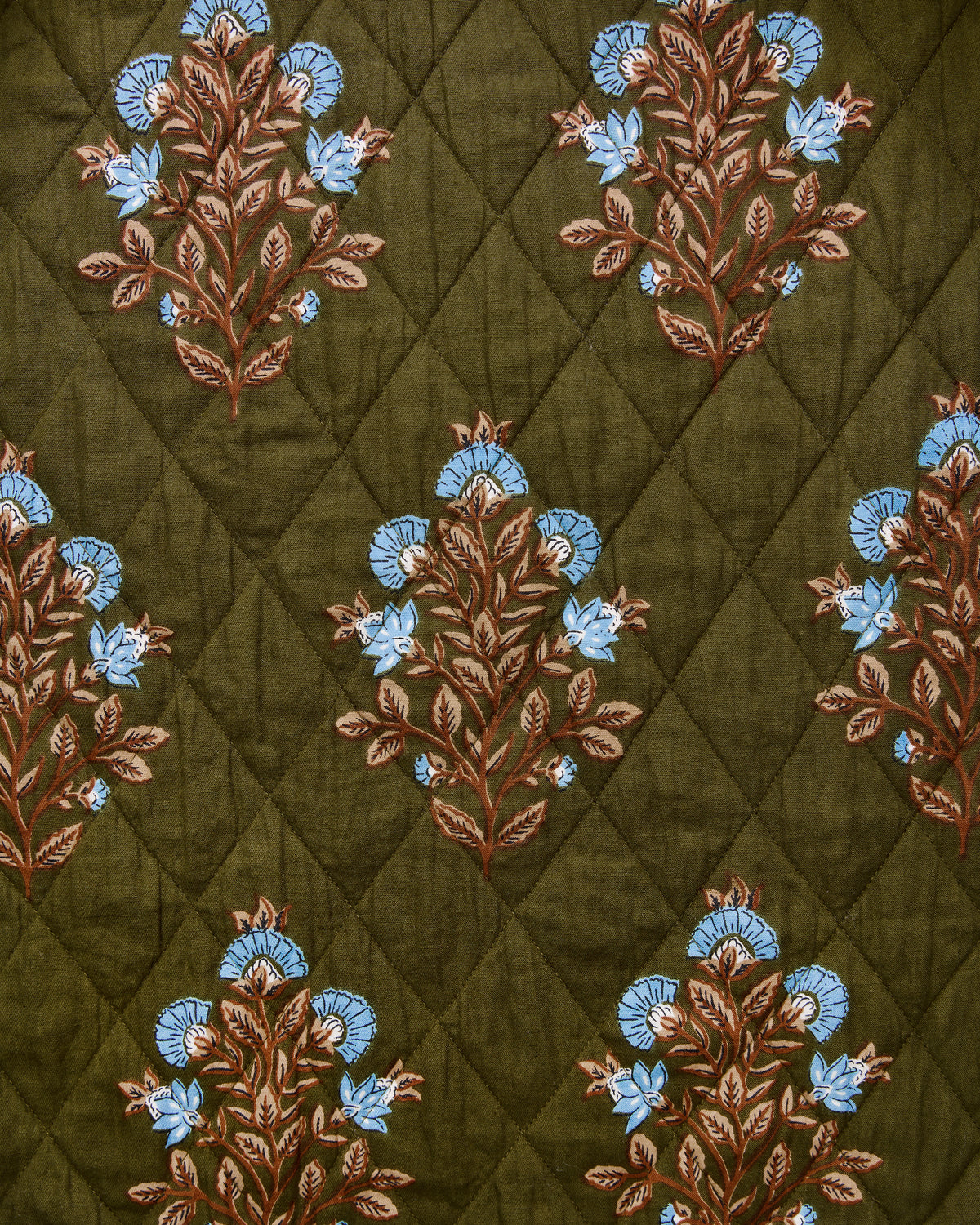 Close-up of olive quilted fabric with repeated blue floral bouquets.