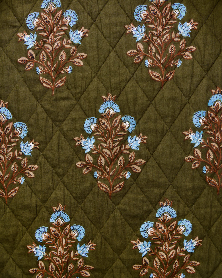 Close-up of olive quilted fabric with repeated blue floral bouquets.