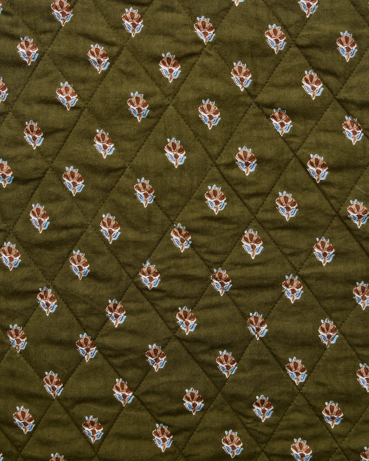 Deep olive quilted fabric swatch with small repeating brown and blue floral motifs.