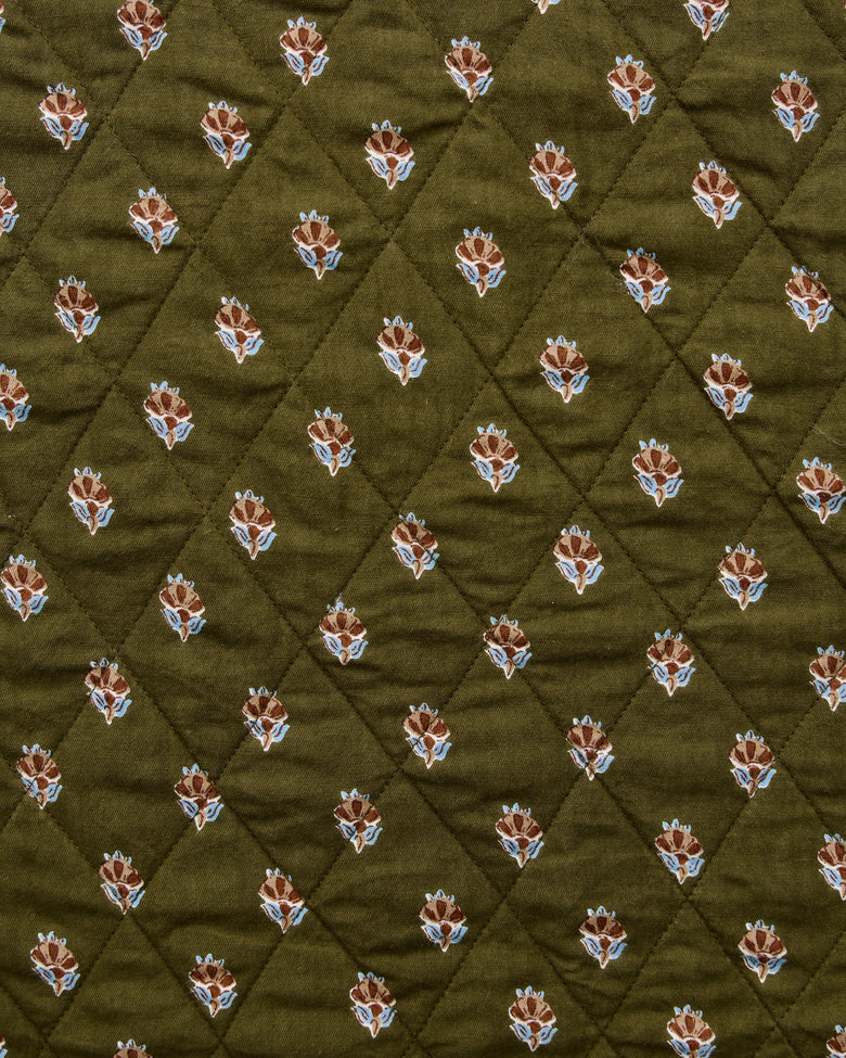 Deep olive quilted fabric swatch with small repeating brown and blue floral motifs.