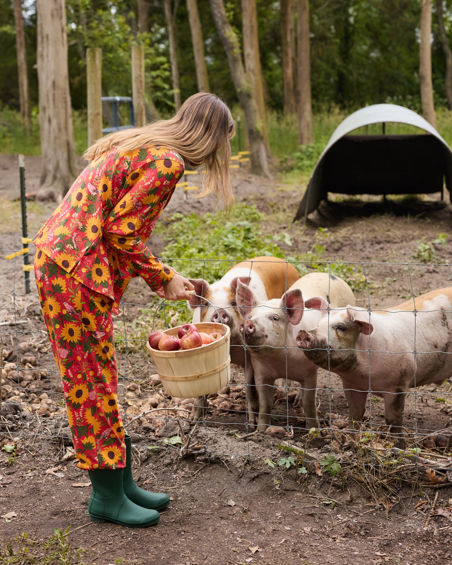 Model in the orange Autumn Sunflowers long pajama set holding a basket of apples near pigs.