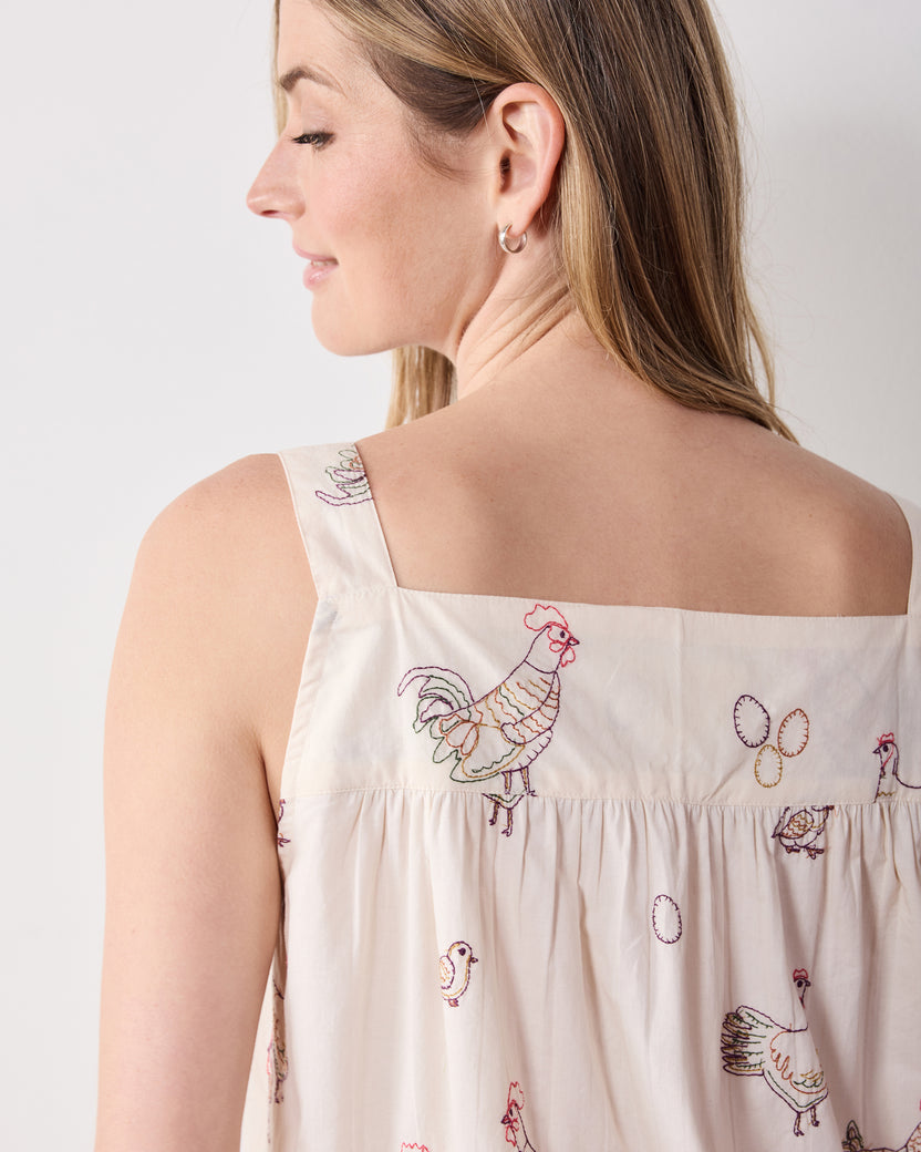Back view of the buff embroidered-hen Back to Bed nightgown.