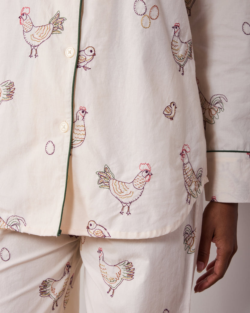 Embroidered Hens - Tall Long PJ Set - Buff