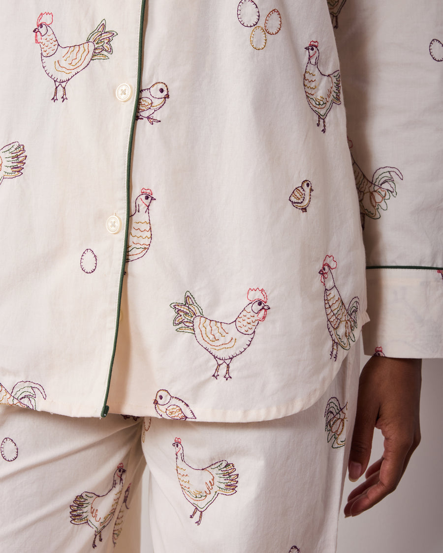 Embroidered Hens - Tall Long PJ Set - Buff