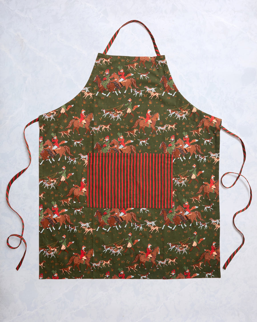 Fox & Hounds apron laid flat, with an adjustable neck strap, side ties, front pocket, and horse-and-hounds print.
