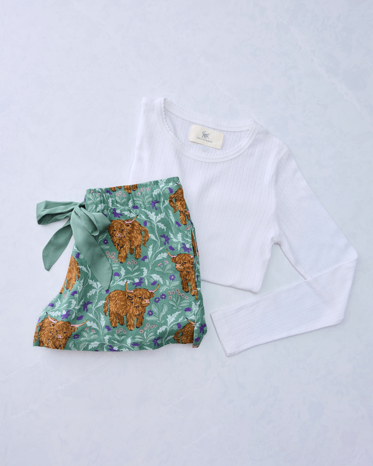 Highland Cows - Lightweight Flannel Astrid Shorts & Pointelle Long Sleeve Bundle - Soft Thistle