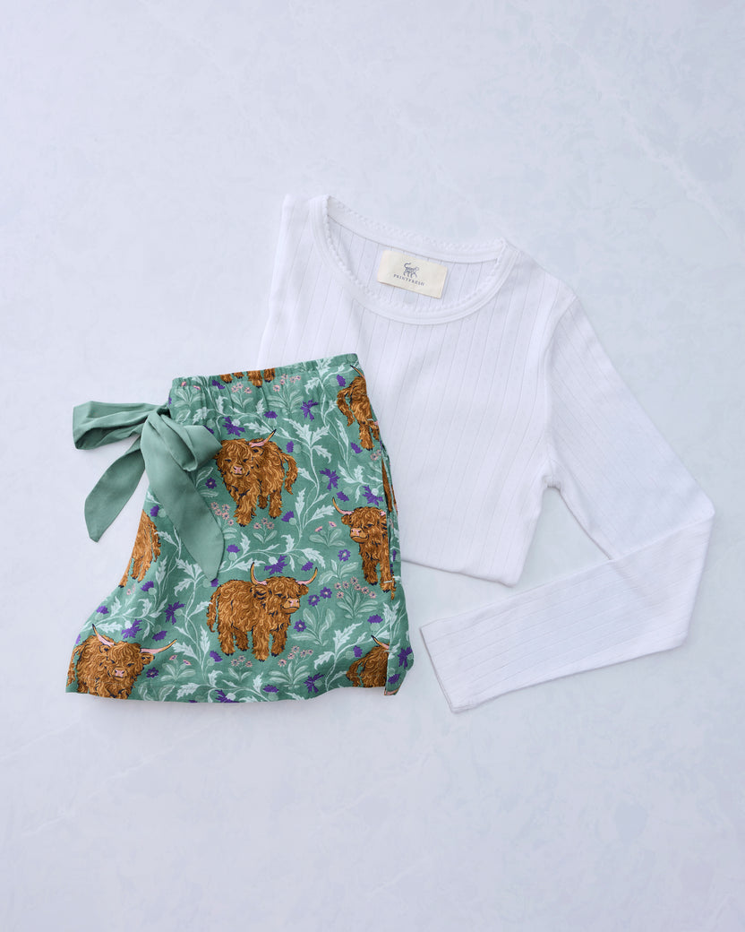 Highland Cows - Lightweight Flannel Astrid Shorts & Pointelle Long Sleeve Bundle - Soft Thistle