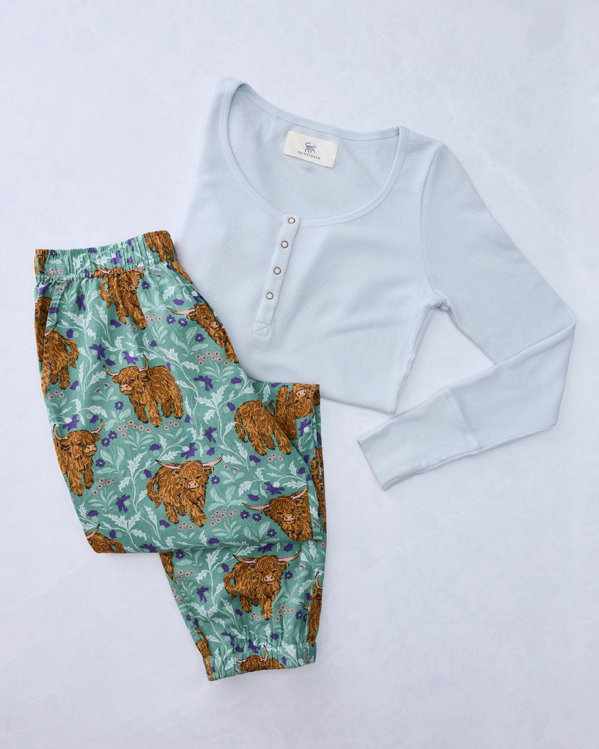 Highland Cows - Lightweight Flannel Joggers & Cozy Henley Bundle - Soft Thistle