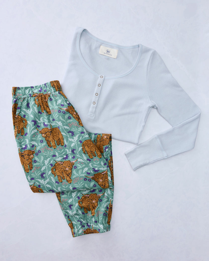 Highland Cows - Lightweight Flannel Joggers & Cozy Henley Bundle - Soft Thistle