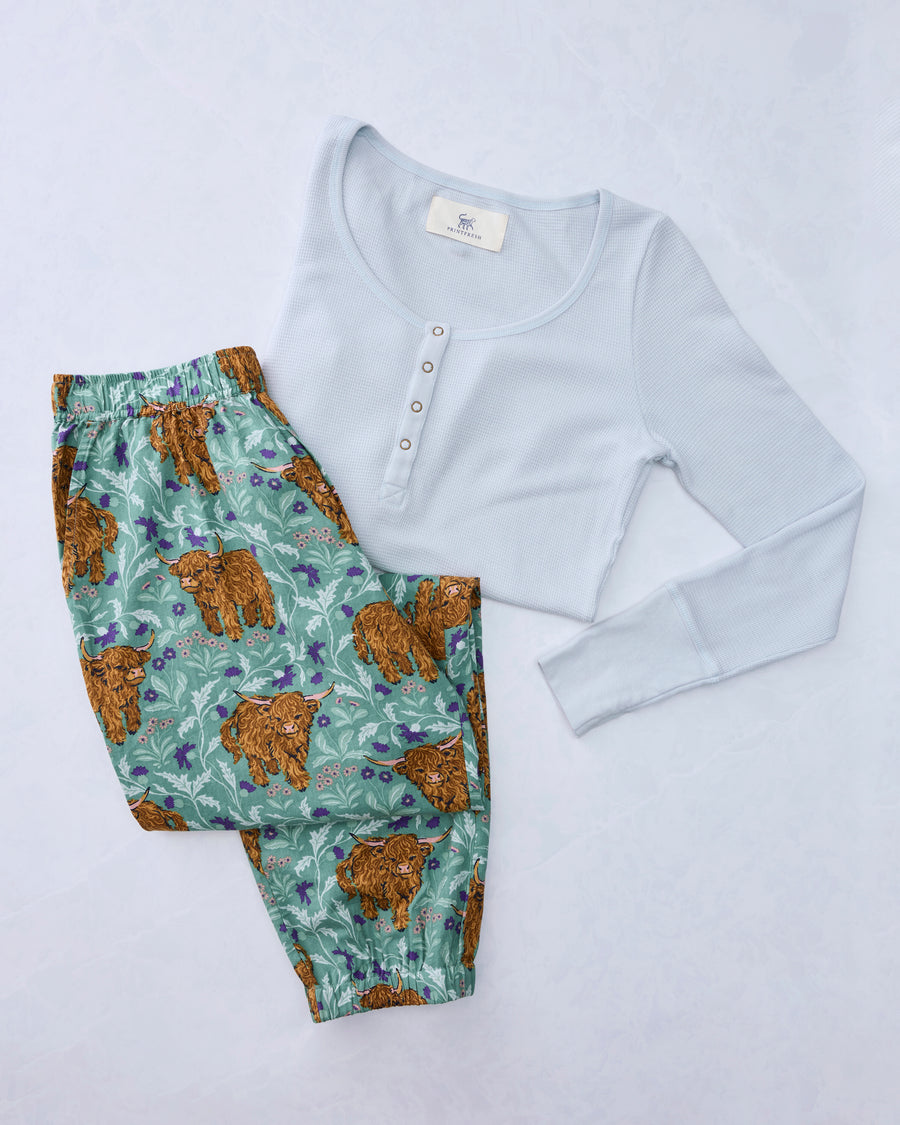Highland Cows - Lightweight Flannel Joggers & Cozy Henley Bundle - Soft Thistle