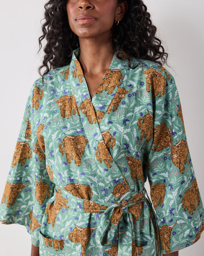 Highland Cows - Lightweight Flannel Long Robe - Soft Thistle