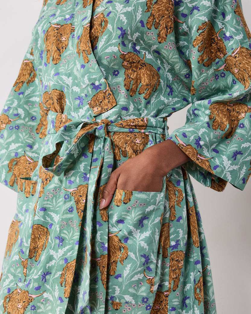 Highland Cows - Lightweight Flannel Long Robe - Soft Thistle