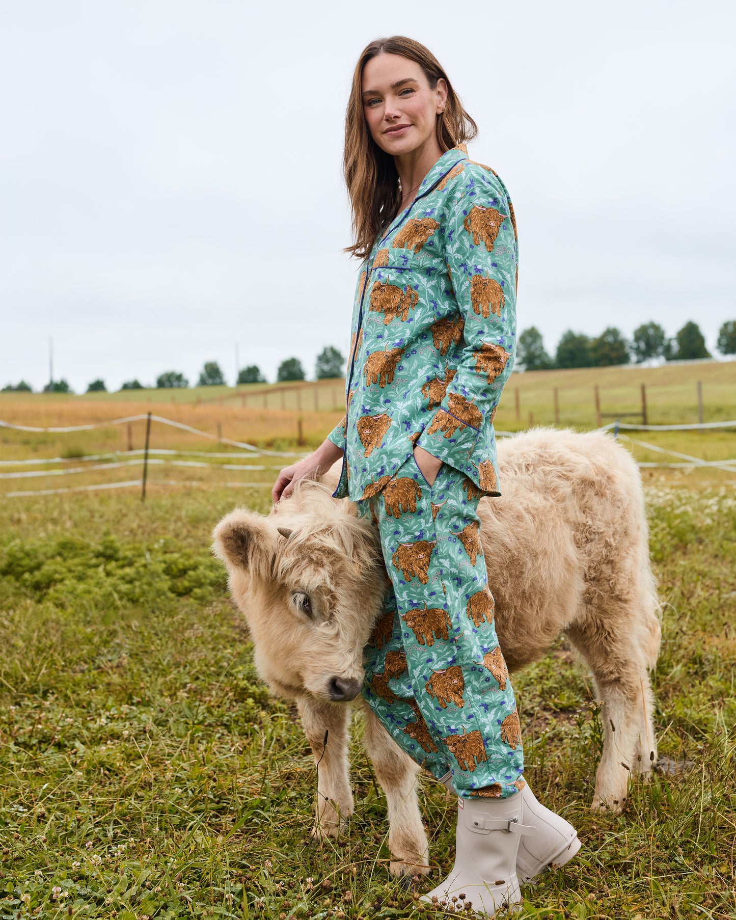 Highland Cows - Lightweight Flannel Long PJ Set - Soft Thistle