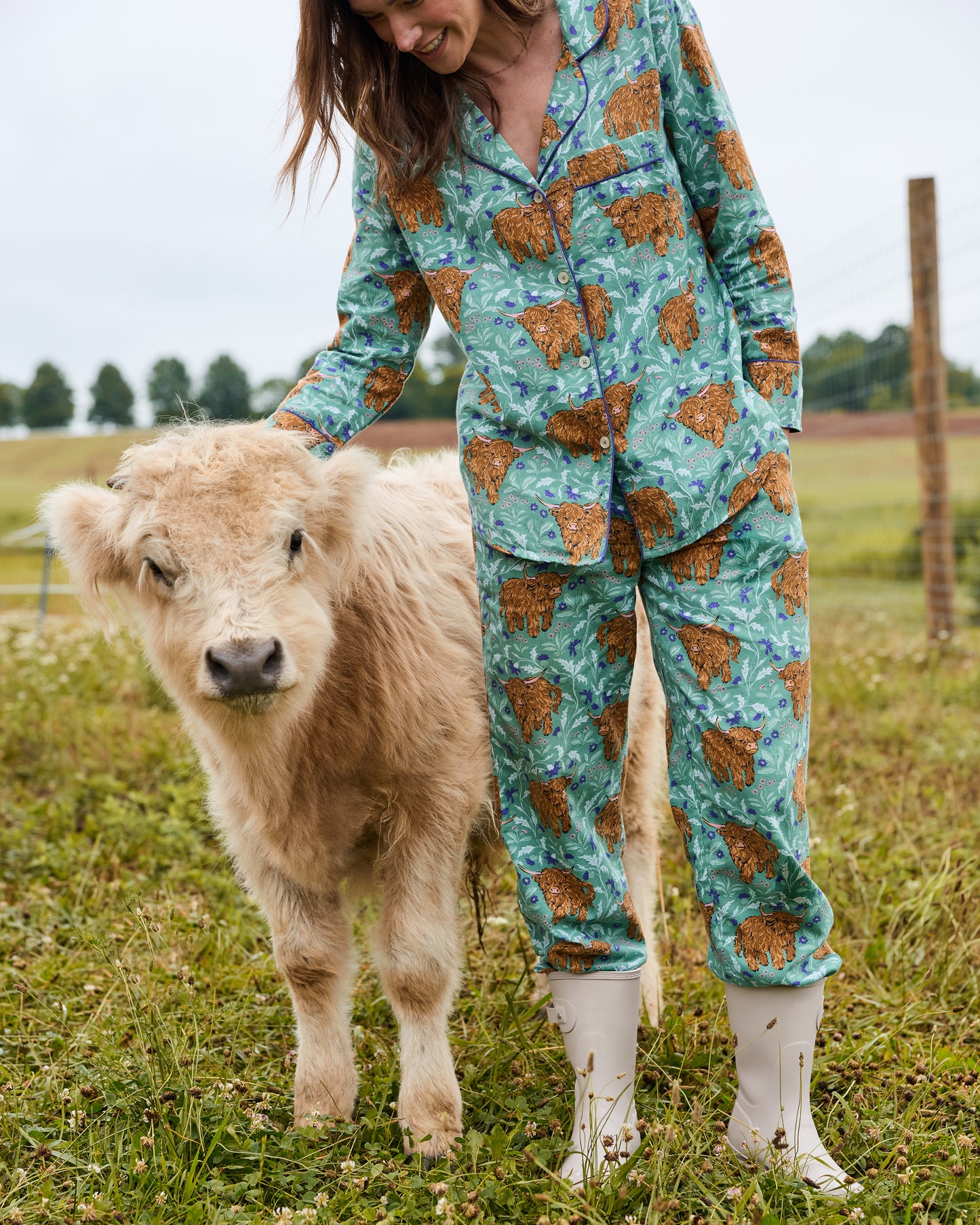 Highland Cows - Lightweight Flannel Long PJ Set - Soft Thistle