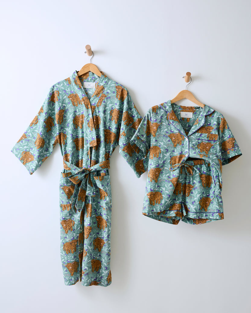 Highland Cows - Lightweight Flannel Robe & Short Set Bundle - Soft Thistle
