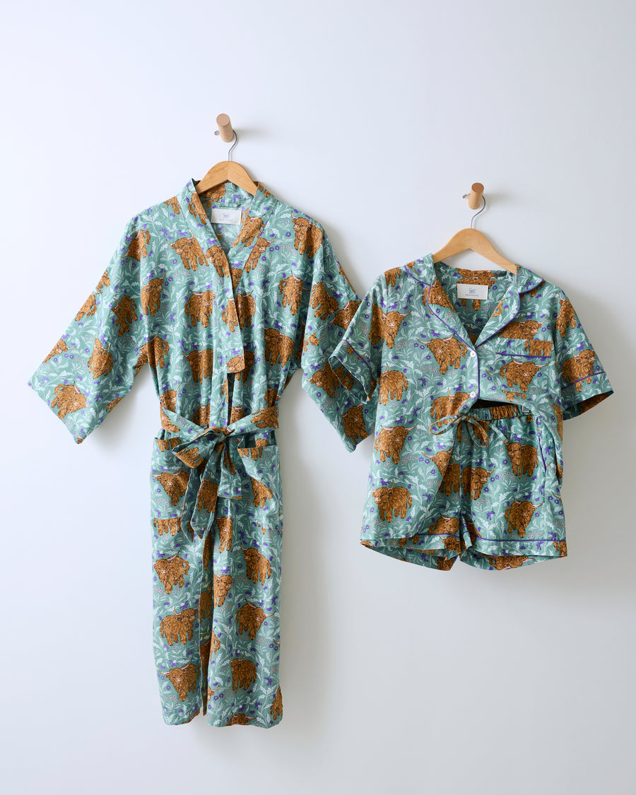 Highland Cows - Lightweight Flannel Robe & Short Set Bundle - Soft Thistle