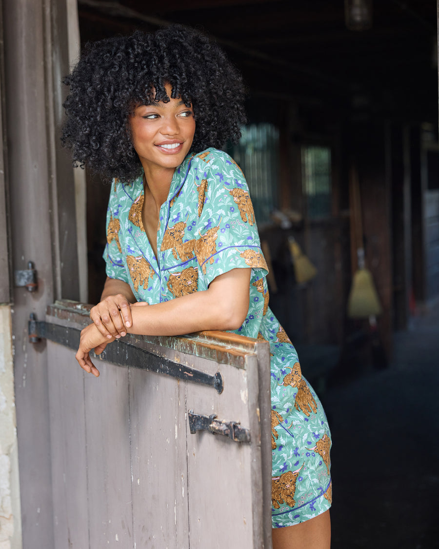 Highland Cows - Lightweight Flannel Short PJ Set - Soft Thistle