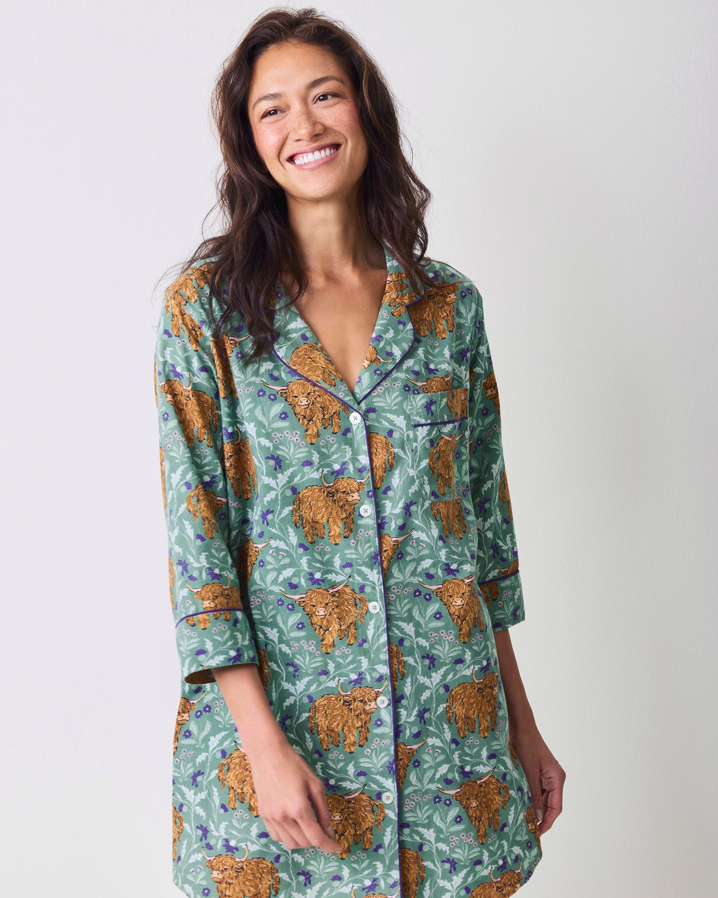Highland Cows - Lightweight Flannel Sleep Shirt - Soft Thistle