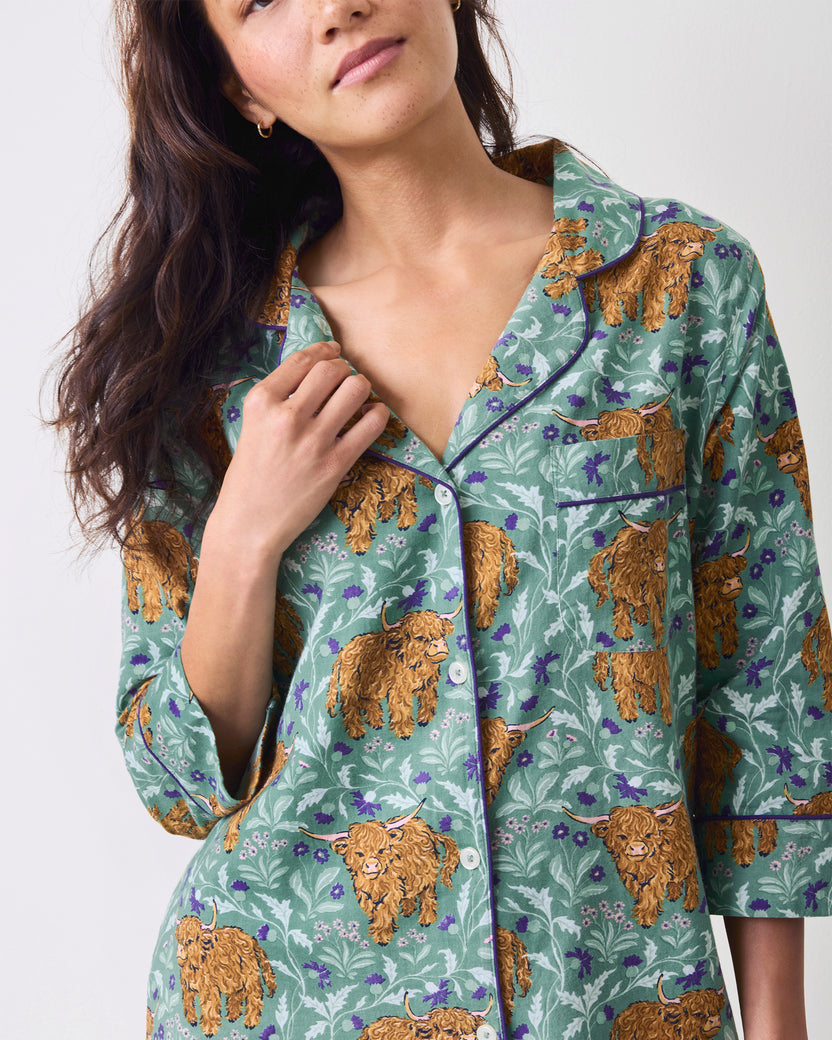 Highland Cows - Lightweight Flannel Sleep Shirt - Soft Thistle